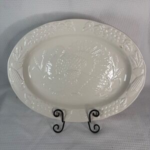 Vintage White Embossed Turkey Harvest Ceramic Oval Serving Platter Made in Japan